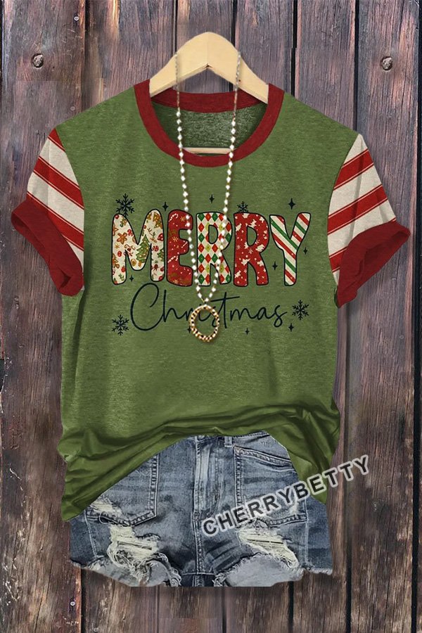 Merry Christmas Print Striped V-Neck T-Shirt