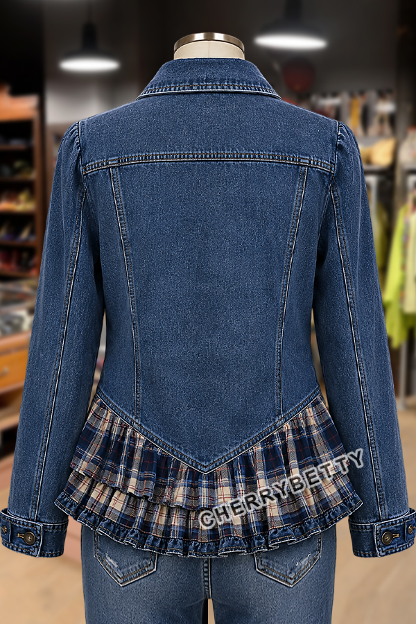 Boho Ruffle Trim Plaid Patch Denim Jacket