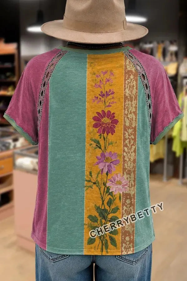 Retro Floral Print V-Neck Lace Sleeve Hollow Out T-Shirt