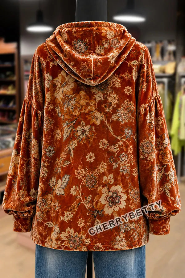 Retro Floral Print Long Sleeve Velvet Hoodie Top