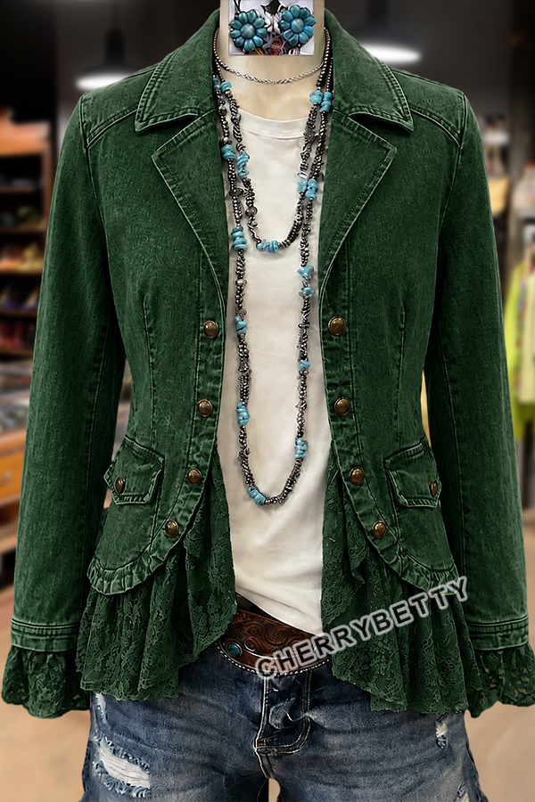 Solid Collar Long Sleeve Lace Ruffle Hem Jacket