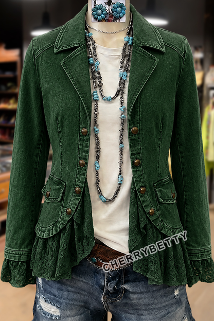 Solid Collar Long Sleeve Lace Ruffle Hem Jacket