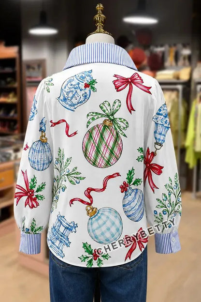 Christmas Ornaments Print Striped Collar Top
