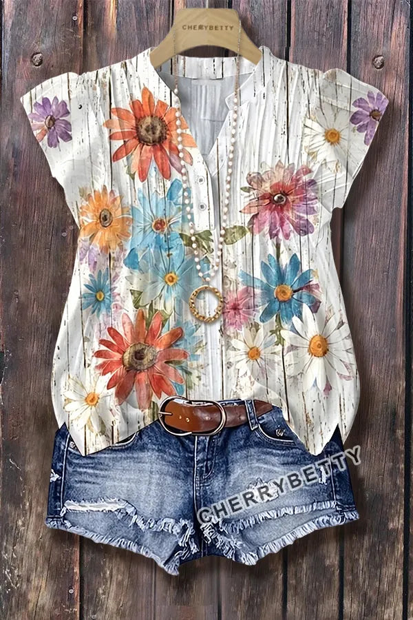 Vintage Floral Print Flutter Sleeve Top