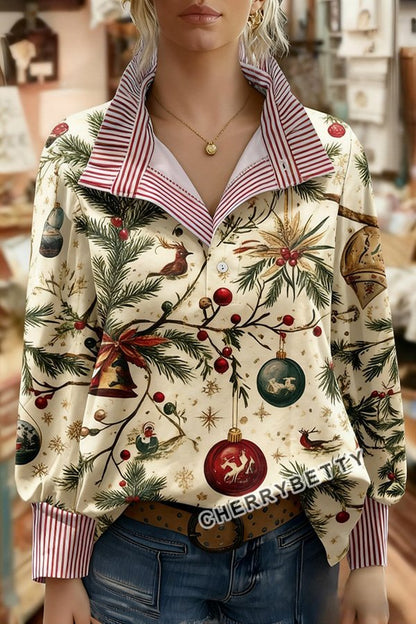 Mixed Christmas Print Striped Neck Top