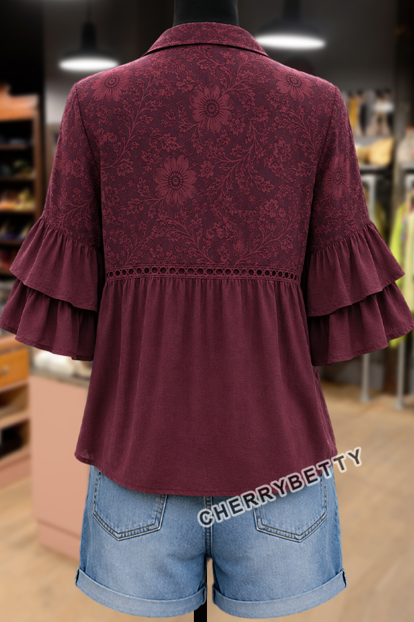 Gradient Floral Print Layered Ruffle Sleeve Hollow Out Blouse