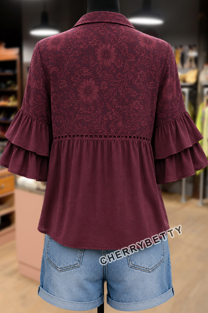 Gradient Floral Print Layered Ruffle Sleeve Hollow Out Blouse