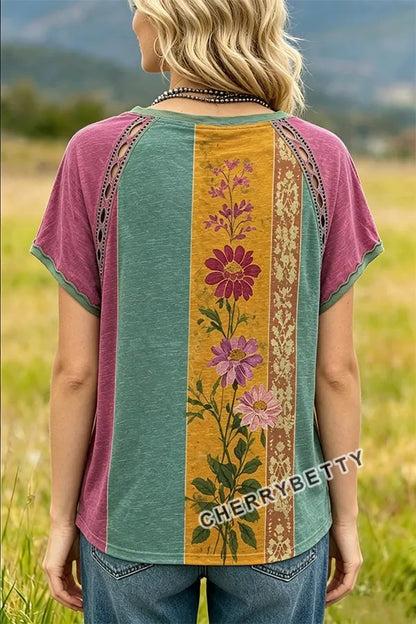 Retro Floral Print V-Neck Lace Sleeve Hollow Out T-Shirt