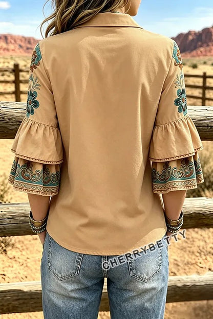 Retro Floral Print Collared Ruffle Sleeve Top