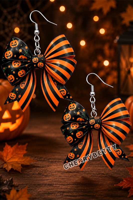 Chic Striped Pumpkin Pattern Bow Halloween Earrings