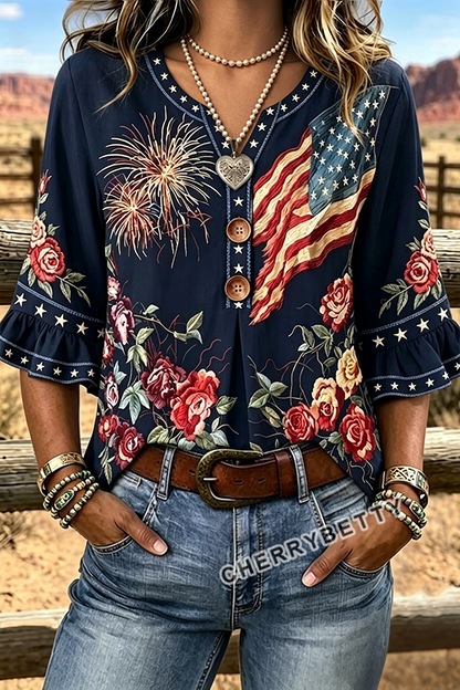 American Flag Floral Print  Notch Neck Ruffle Sleeve Blouse