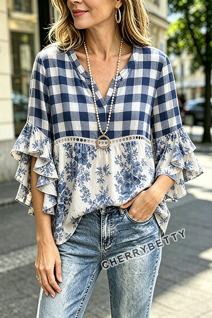 Mixed Plaid Floral Print Hollow Out Ruffle Sleeve Top