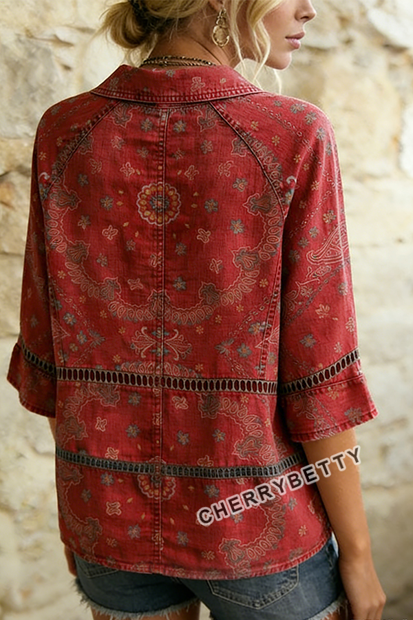 Vintage Floral Print Hollow Out Collared Top