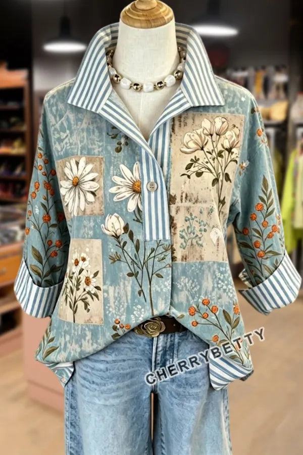 Retro Daisy Print Striped Collare Three Quater Sleeve Blouse