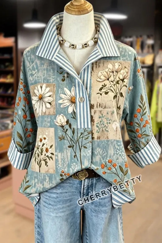 Retro Daisy Print Striped Collare Three Quater Sleeve Blouse