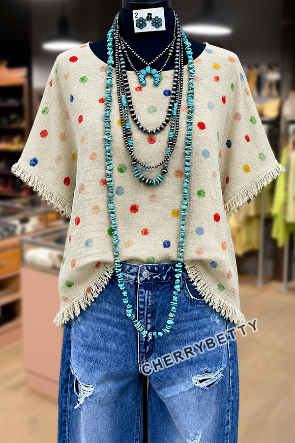Colorful Polka Dot Print Side Slit Fringe Hem Top