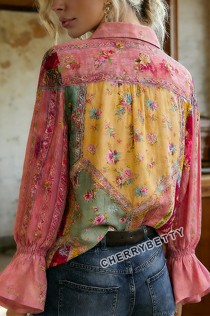 Multi Floral Print Collared Flared Cuffs Blouse