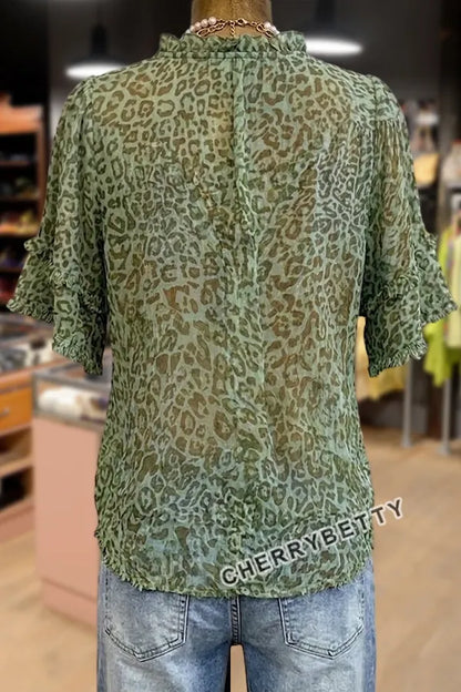Vintage Leopard Print Ruffle Neck Top