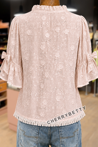 Chic Flower Embroidered Ruffle Neck Frayed Hem Blouse