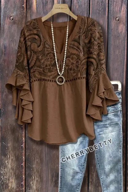Vintage Floral Print Hollow Out Ruffle Sleeve Top