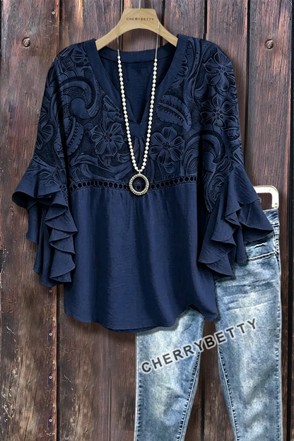 Vintage Floral Print Hollow Out Ruffle Sleeve Top