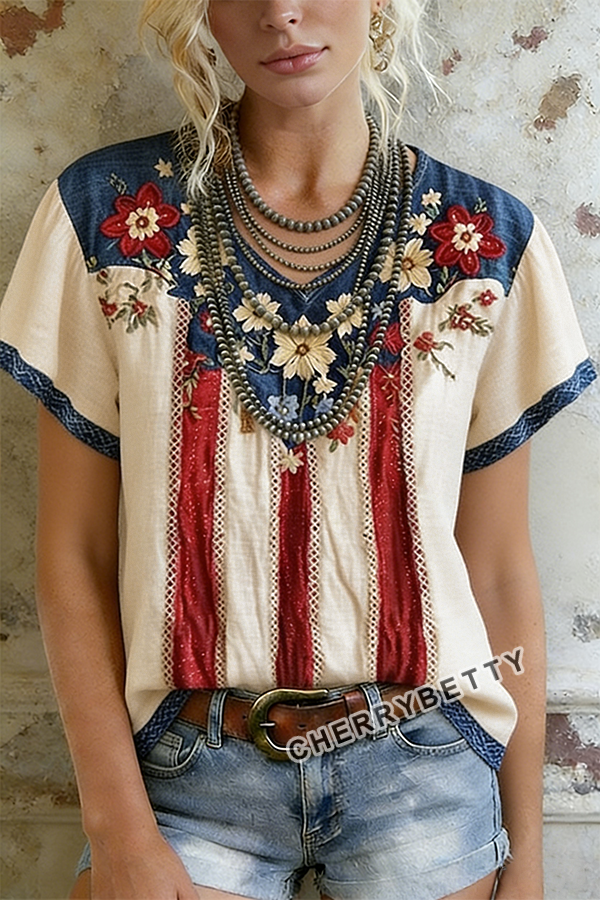 American Flag Striped Floral Embroidered V-Neck Top