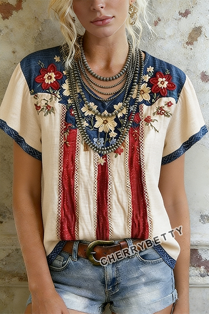 American Flag Striped Floral Embroidered V-Neck Top