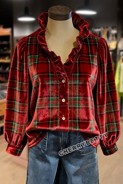 Plaid Ruffle Neck Velvet Holiday Top