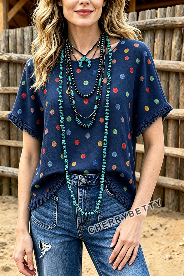 Colorful Polka Dot Print Side Slit Fringe Hem Top