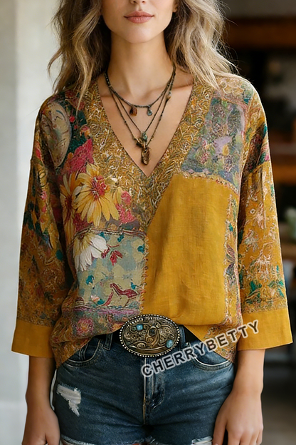 Boho Flower Print V-Neck Blouse
