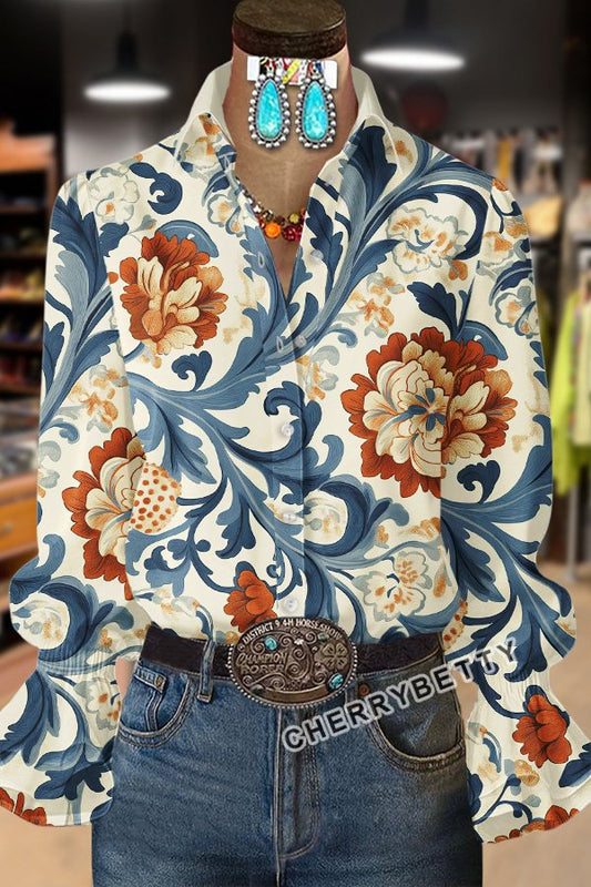 Retro Floral Print Long Sleeve Top
