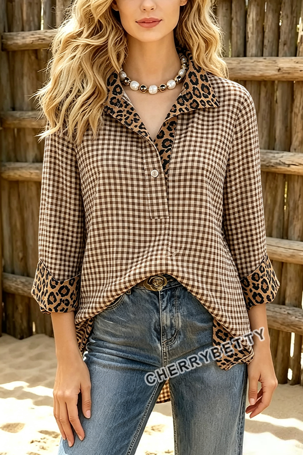 Classic Gingham Pattern Leopard  Collar Three Quater Sleeve Blouse