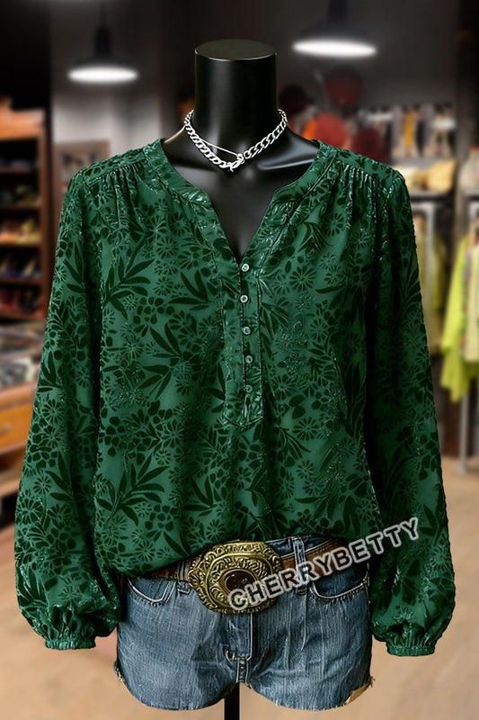 Vintage Florla Print Split Neck Velvet Top