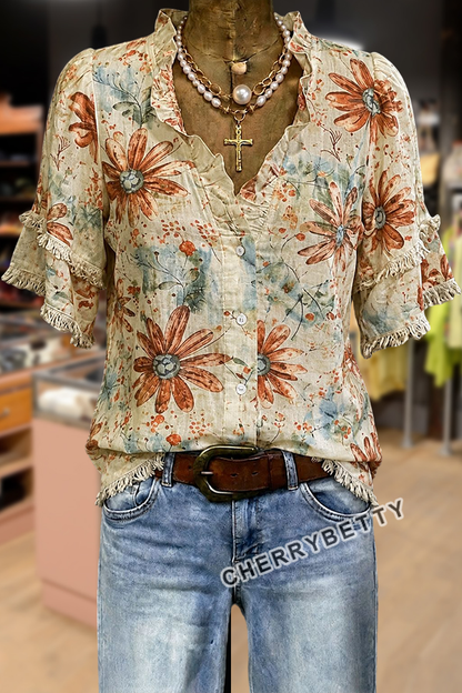Vintage Floral Print Ruffle Neck Frayed Hem Top