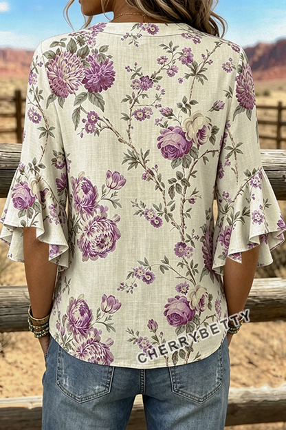Vintage Floral Print Notch Neck Ruffle Sleeve Blouse