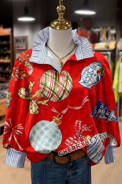 Christmas Ornaments Print Striped Collar Top