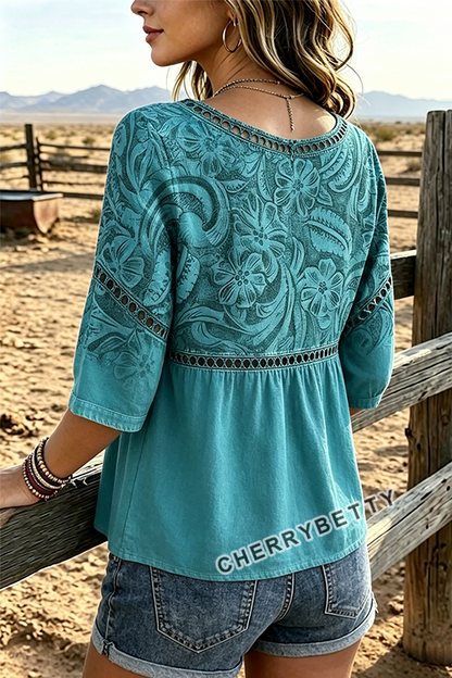Retro Floral Print Hollow Out Top