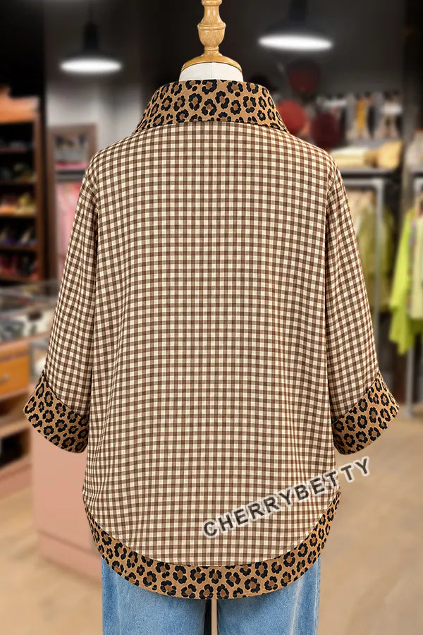 Classic Gingham Pattern Leopard  Collar Three Quater Sleeve Blouse