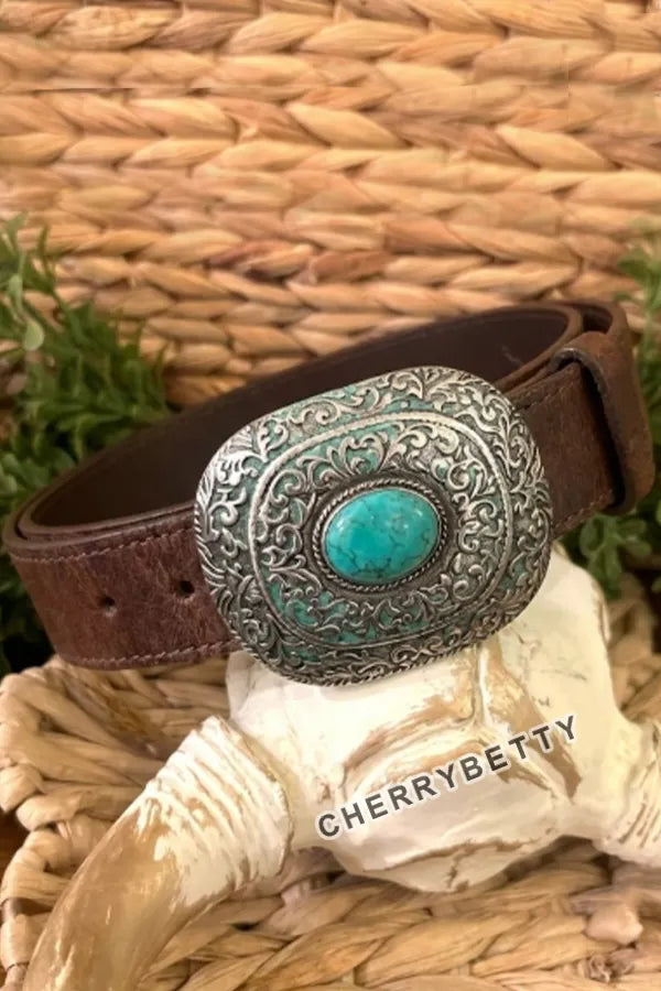 Western Turquoise Buckle Faux Leather Belt