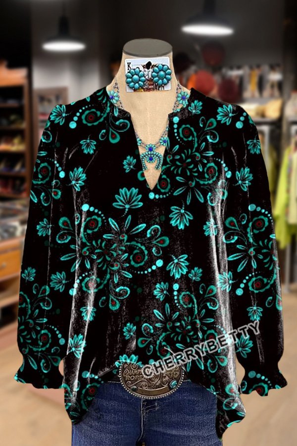 Floral Print V-Neck Velvet Top