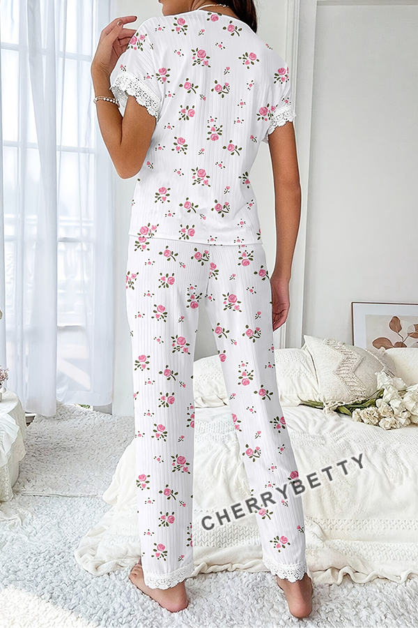 Cute Heart Print Lace Trim Cozy Pajama Set