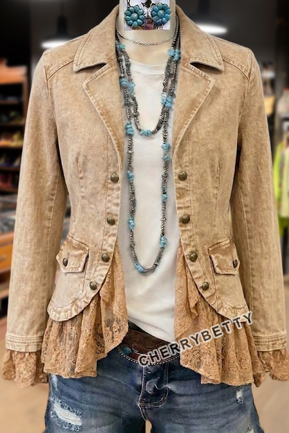 Solid Collar Long Sleeve Lace Ruffle Hem Jacket