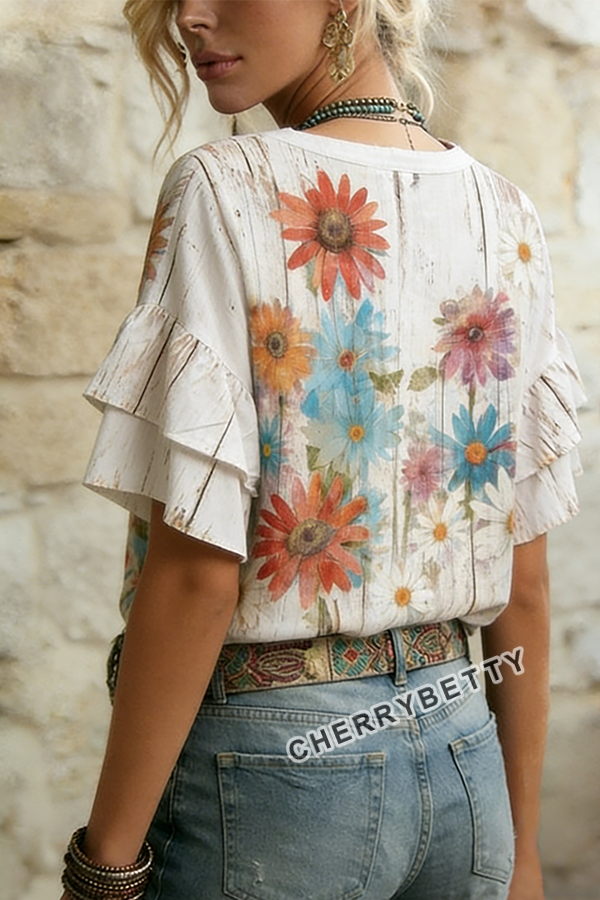Vintage Distressed Flower Print Ruffle Sleeve Top
