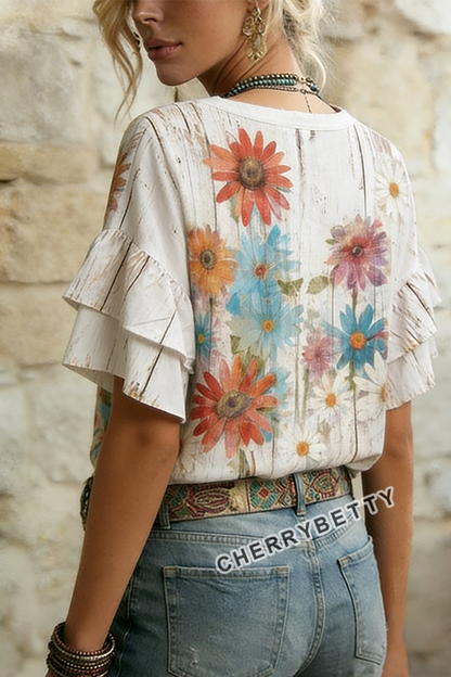 Vintage Distressed Flower Print Ruffle Sleeve Top