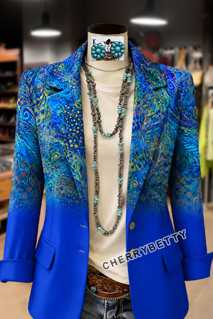 Colorful Peacock Print Long Sleeve Blazer