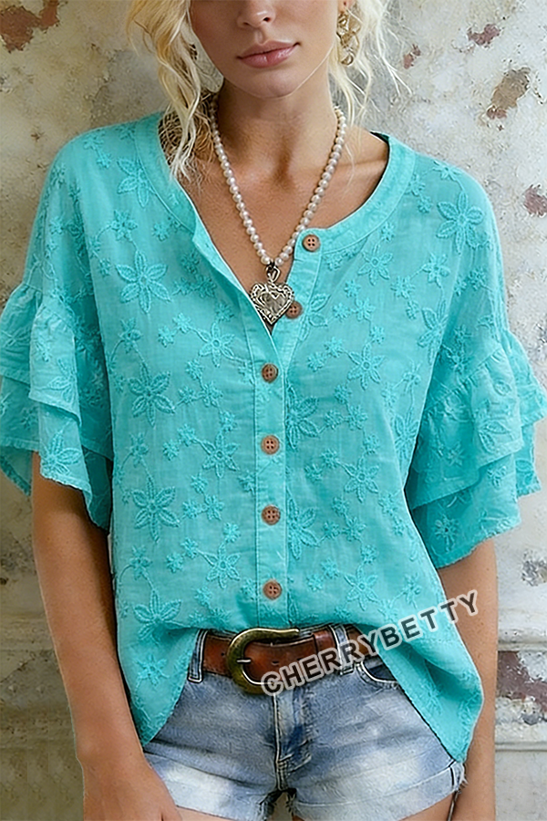Elegant Flower Embroidered Button Up Ruffle Sleeve Top