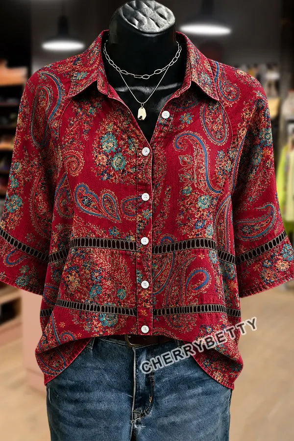 Retro Paisley Print Hollow Out Collared Top
