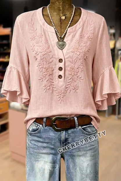 Femine Flower Embroidered Ruffle Sleeve Cotton Top