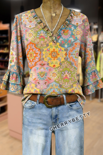 Retro Floral Print V-Neck Ruffle Sleeve Top