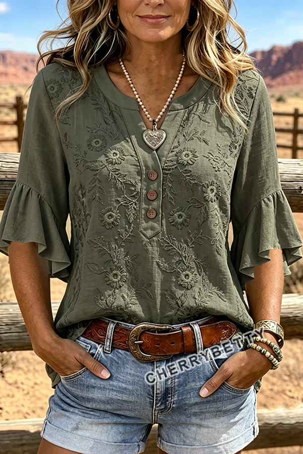Vintage Flower Embroidered Notch Neck Ruffle Sleeve Blouse